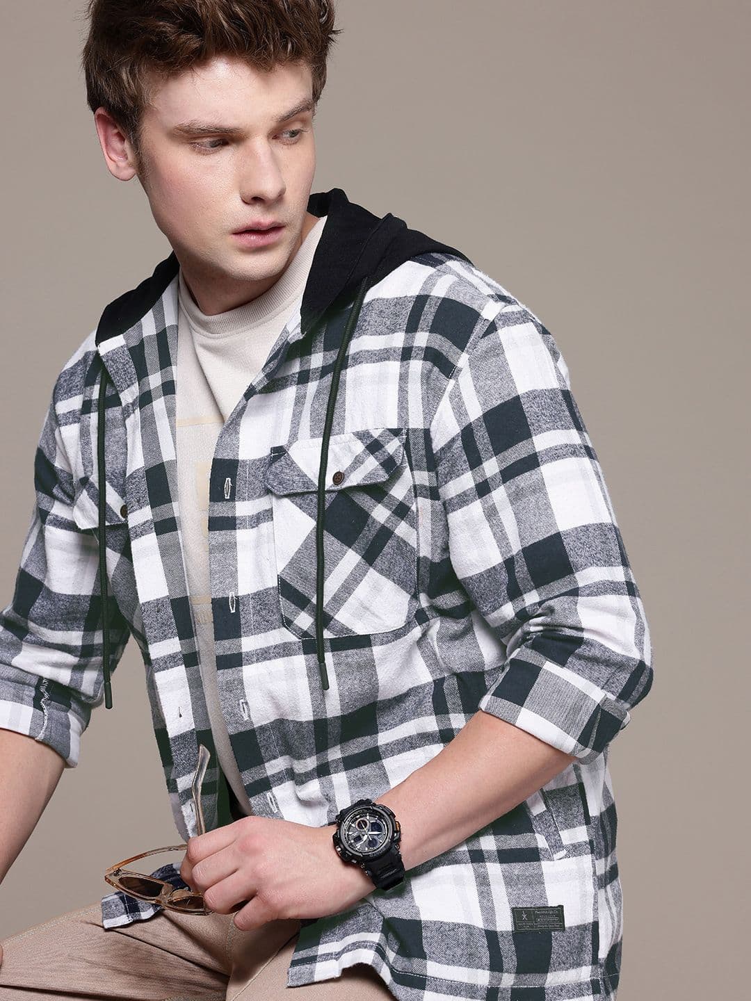 The Roadster Life Co. Relaxed Fit Hooded Checked Pure Cotton Casual Shirt - view 1