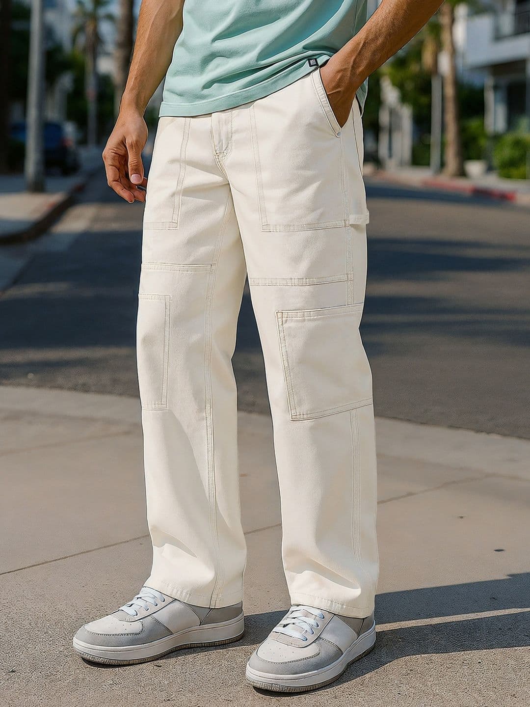 Bewakoof Men's Beige Baggy Cargo Carpenter Mid-Rise Jeans - view 1