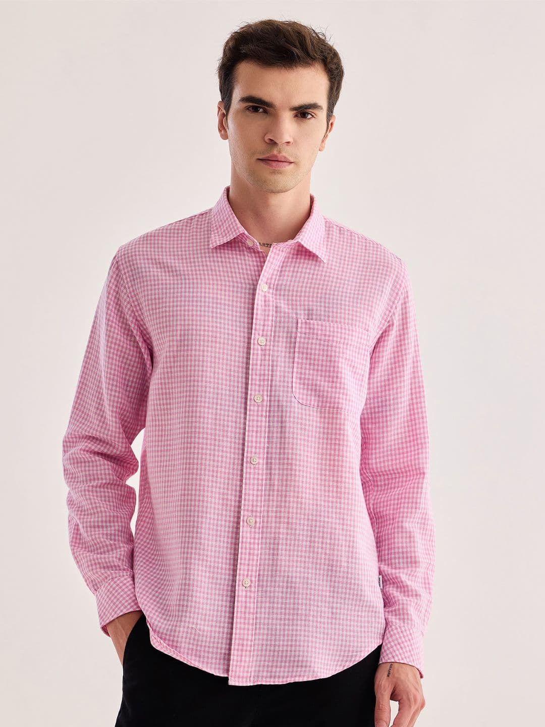 Red Flame Micro Checked Spread Collar Cotton Linen Casual Shirt - view 1
