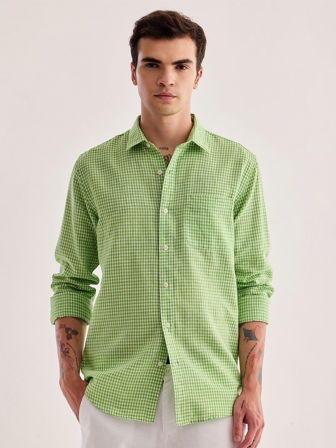 Red Flame Gingham Checked Cotton Linen Casual Shirt - view 1