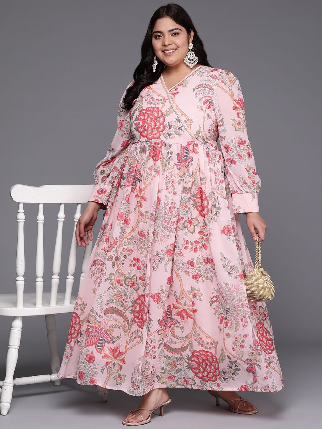 A PLUS BY AHALYAA Plus Size Floral Printed Wrap Maxi Ethnic Dress - view 1