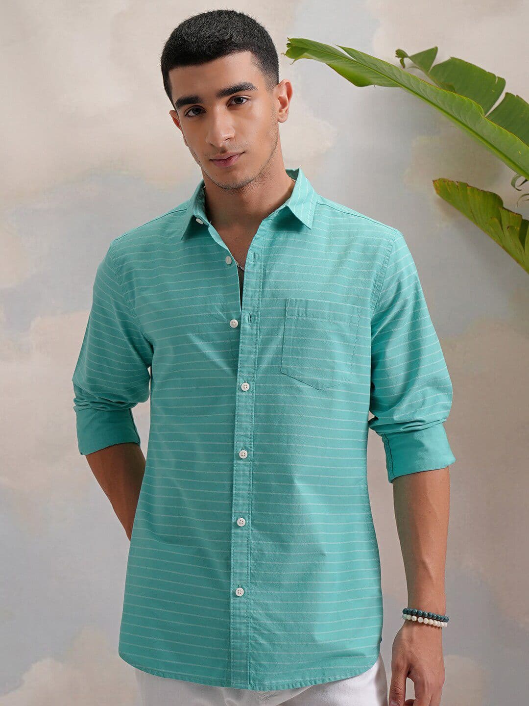HIGHLANDER Classic Green Slim Fit Horizontal Striped Spread Collar Cotton Casual Shirt - view 1