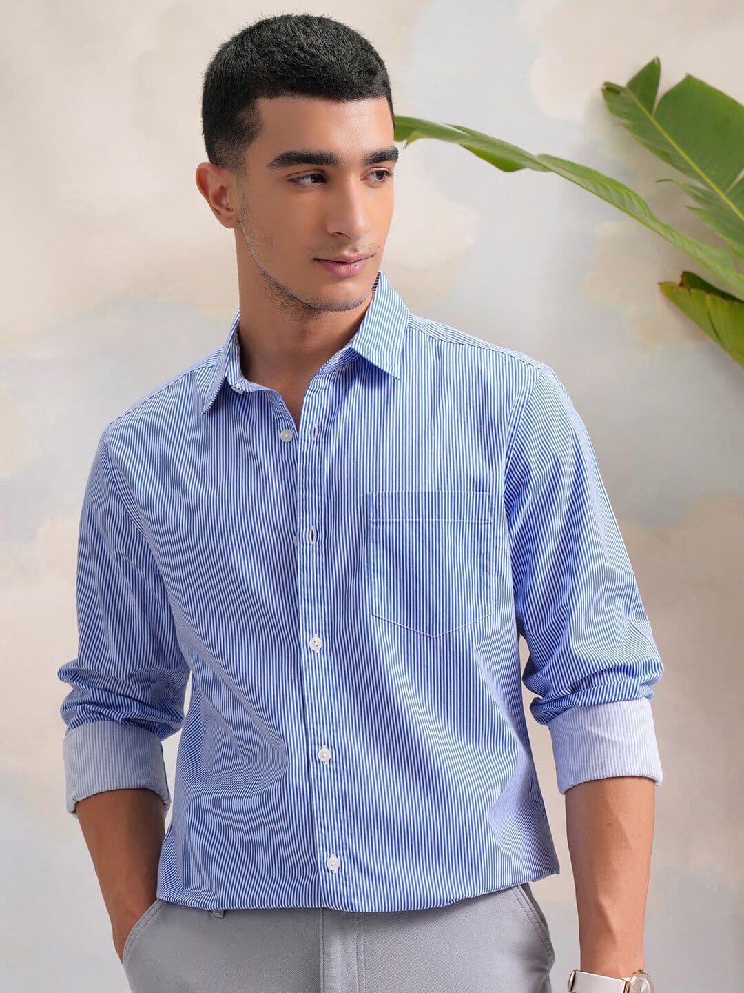 HIGHLANDER Classic Slim Fit Vertical Striped Spread Collar Cotton Casual Shirt - view 1