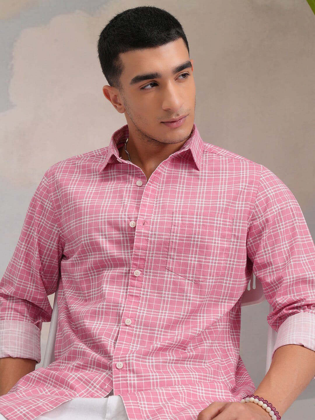 HIGHLANDER Classic Pink Slim Fit Tartan Checked Spread Collar Cotton Casual Shirt - view 1