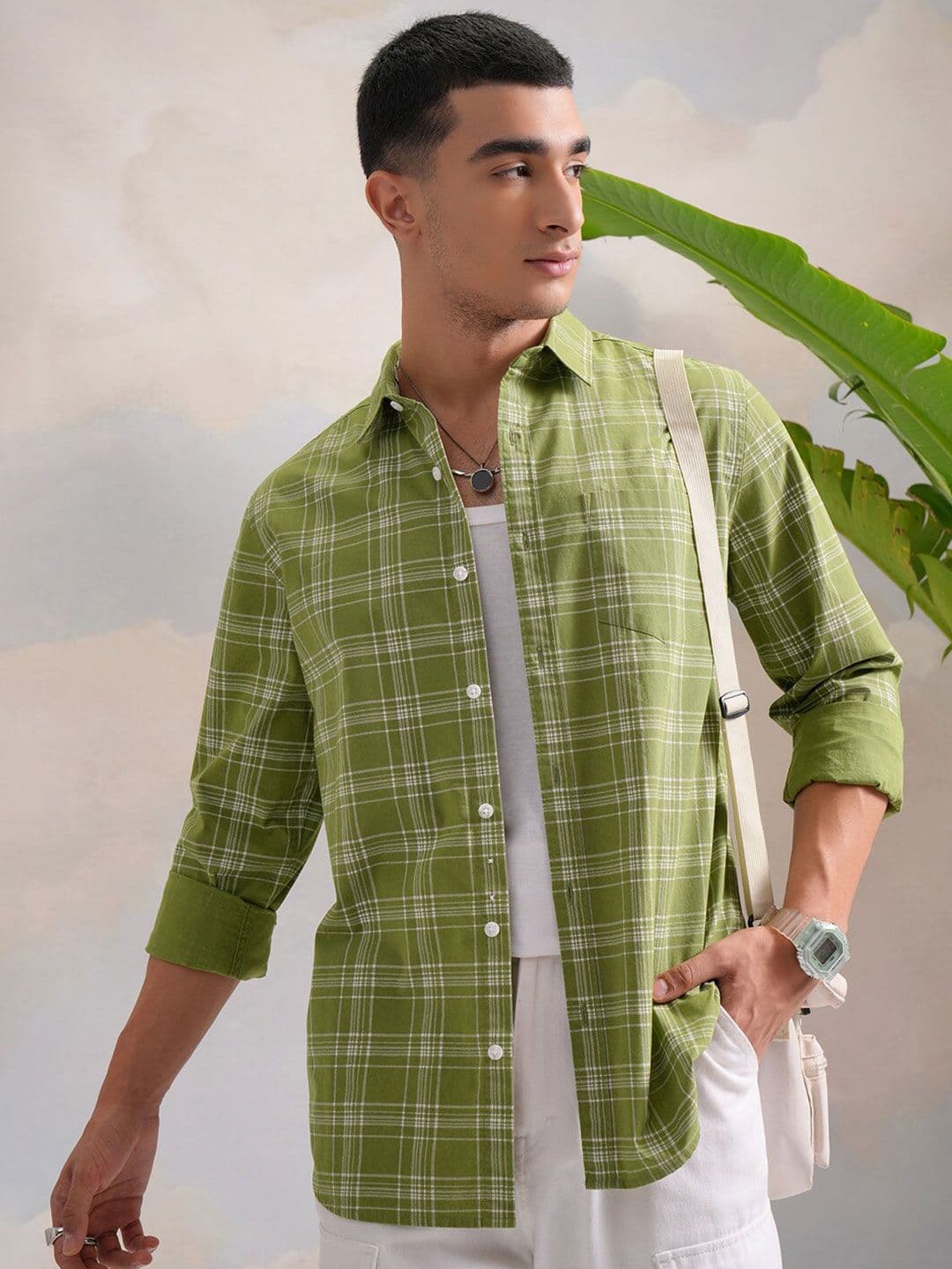 HIGHLANDER Green Classic Slim Fit Tartan Checked Spread Collar Cotton Casual Shirt - view 1