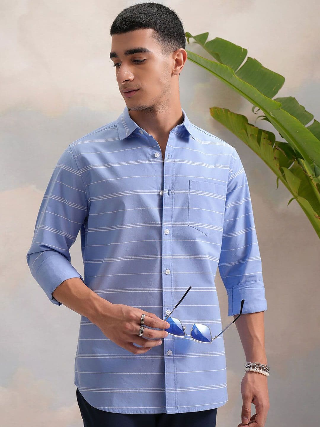 HIGHLANDER Blue Classic Slim Fit Horizontal Striped Spread Collar Cotton Casual Shirt - view 1