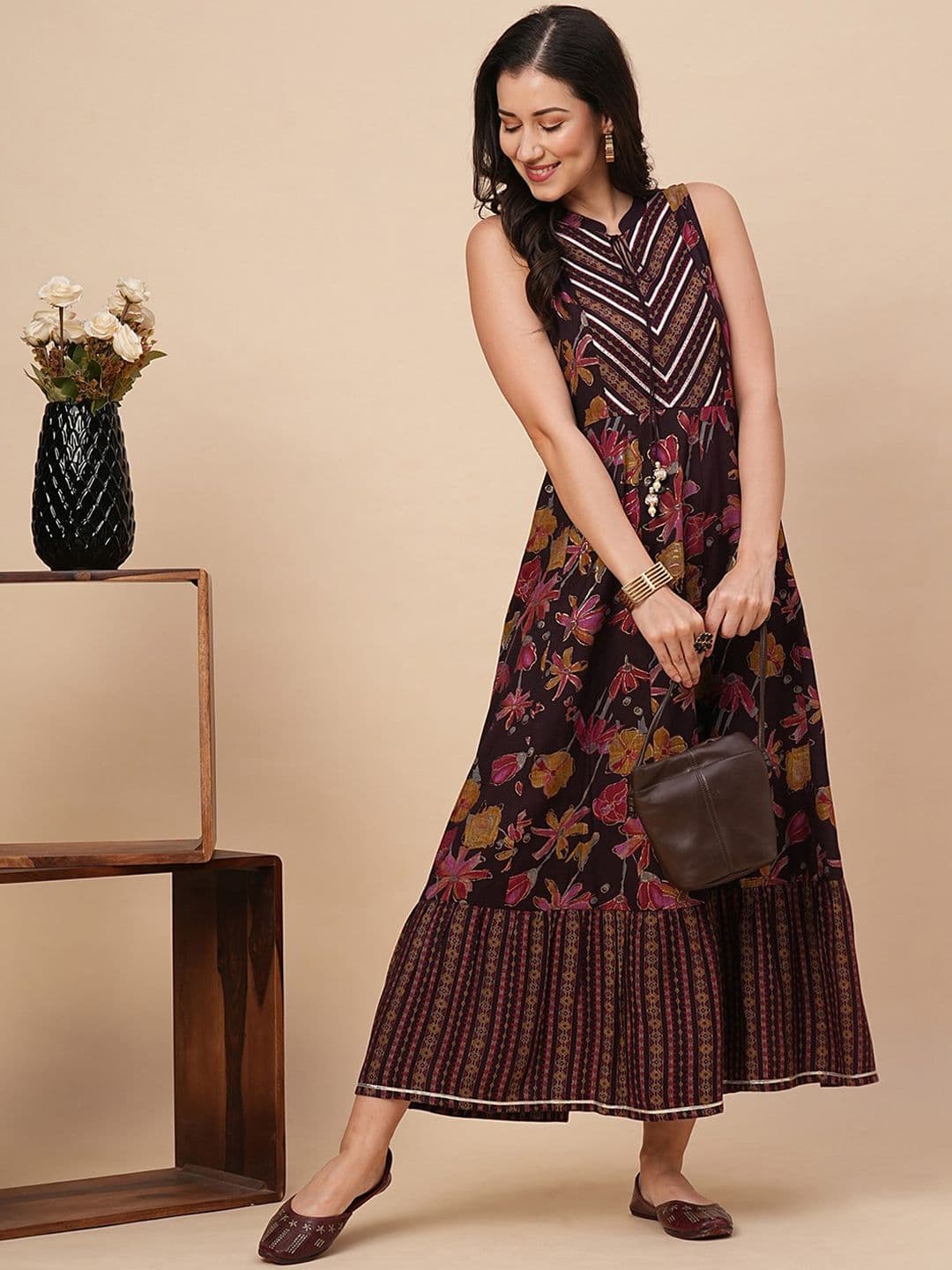 Globus Wine Allover Printed Gotta Patti A-Line Fusion Maxi Collar Dress - view 1