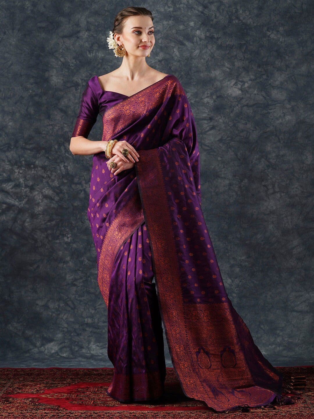 Mitera Purple Floral Woven Design Zari Banarasi Saree - view 1