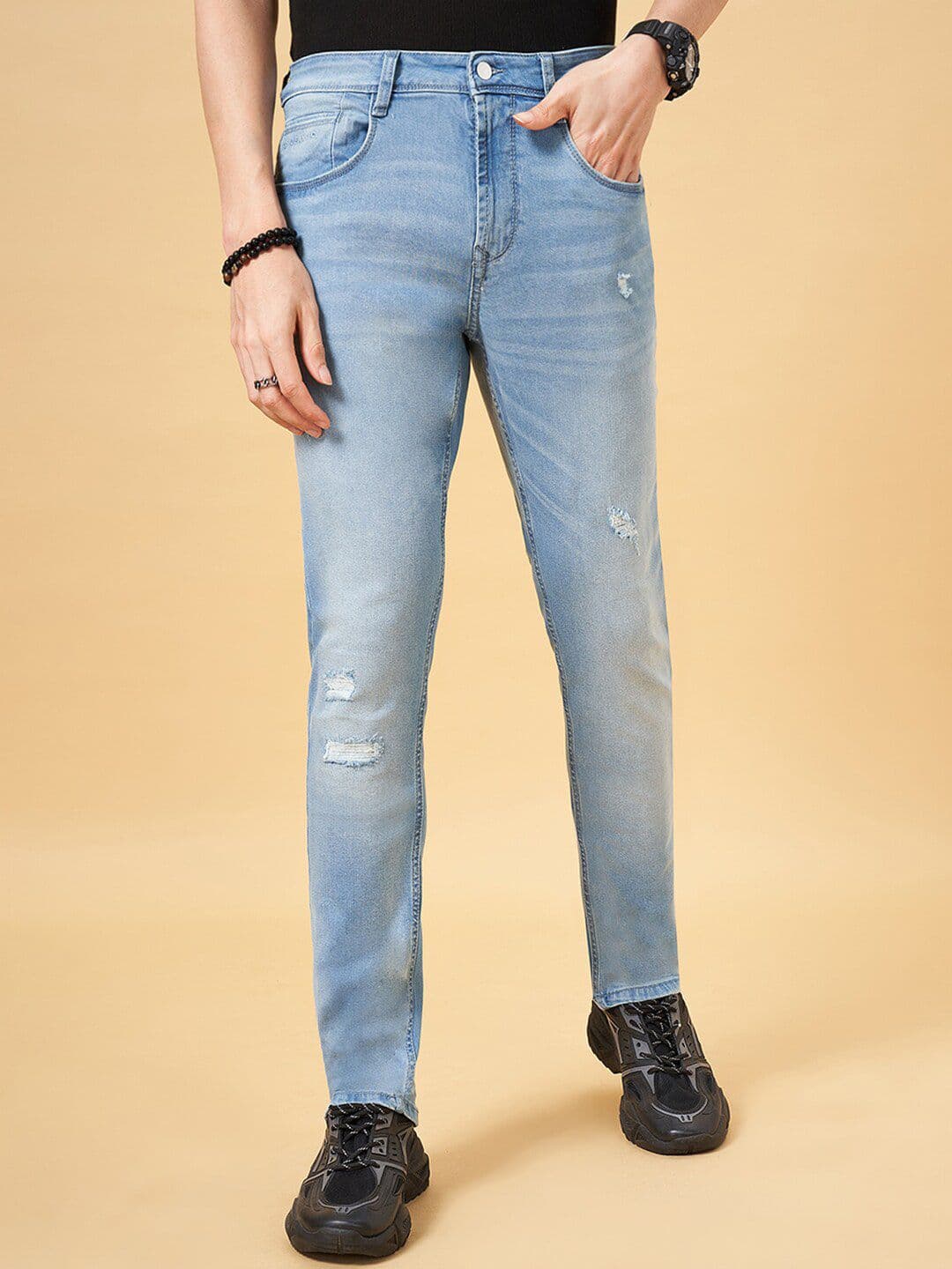 SF JEANS by Pantaloons Men Skinny Fit Mildly Distressed Light Fade Stretchable Jeans - view 1