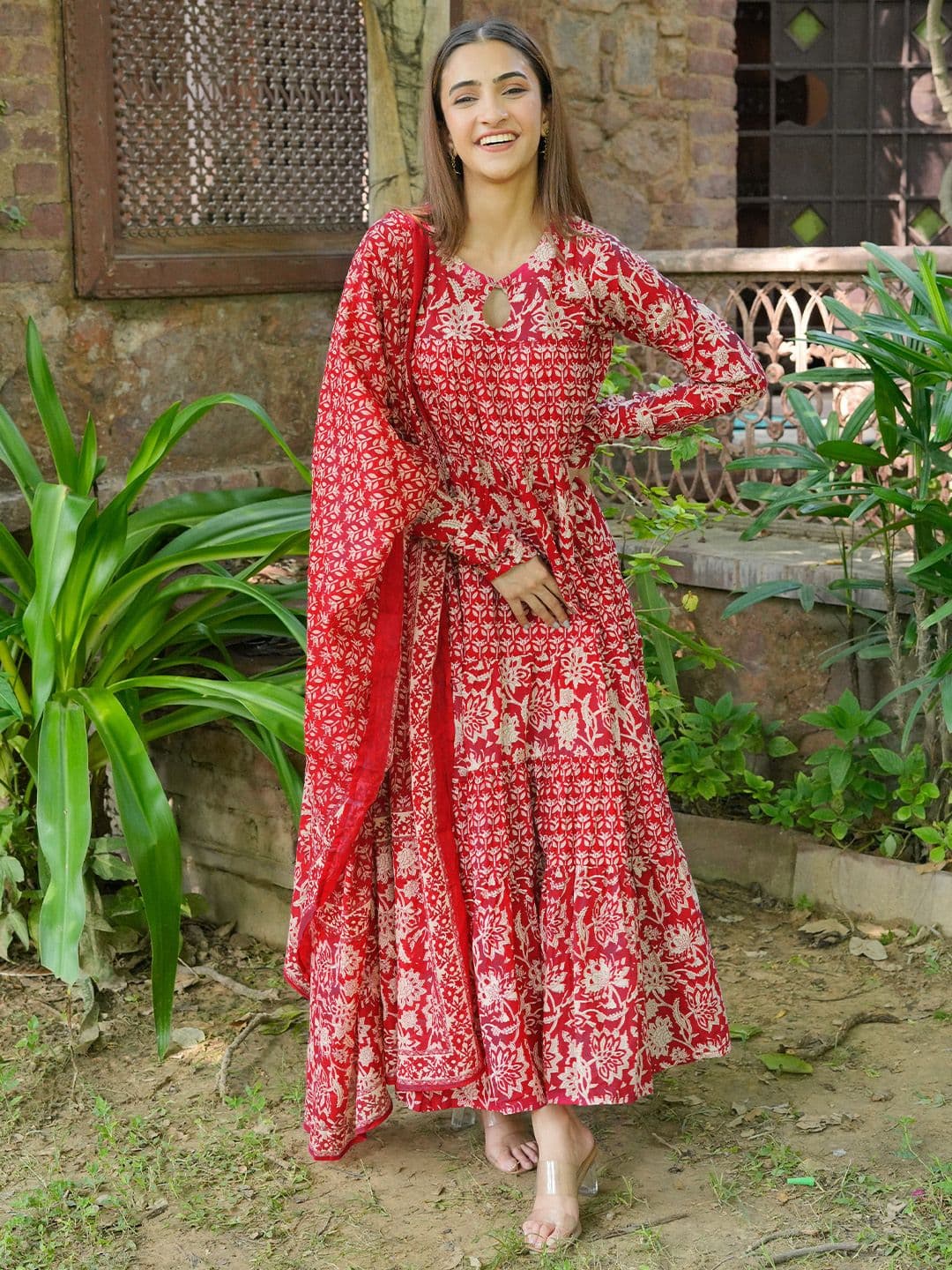 Libas Womens Pink Printed Cotton Anarkali Kurta With Trousers & Dupatta - view 1