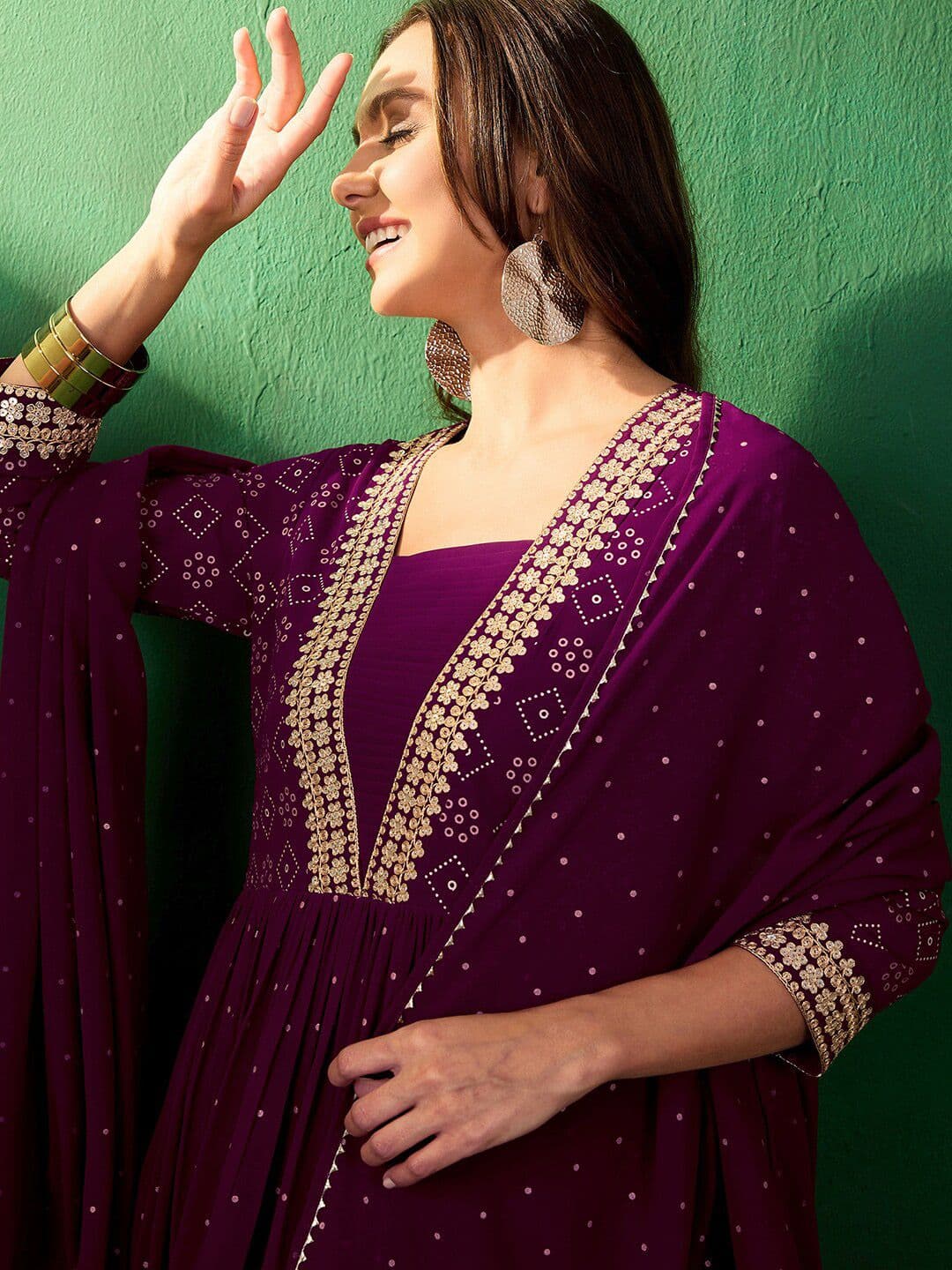 Sangria Bandahni Printed Embroidered Anarkali Kurta & Trousers With Dupatta - view 1