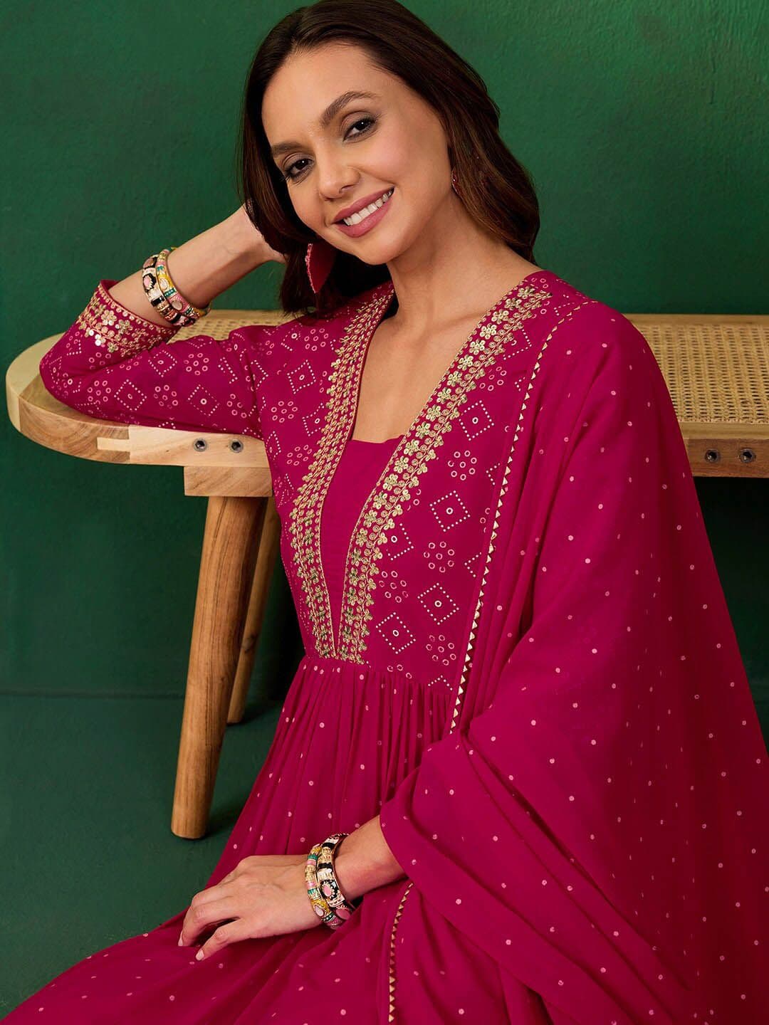 Sangria Embroidered Bandhani Printed V-Neck Anarkali Kurta With Trousers & Dupatta - view 1