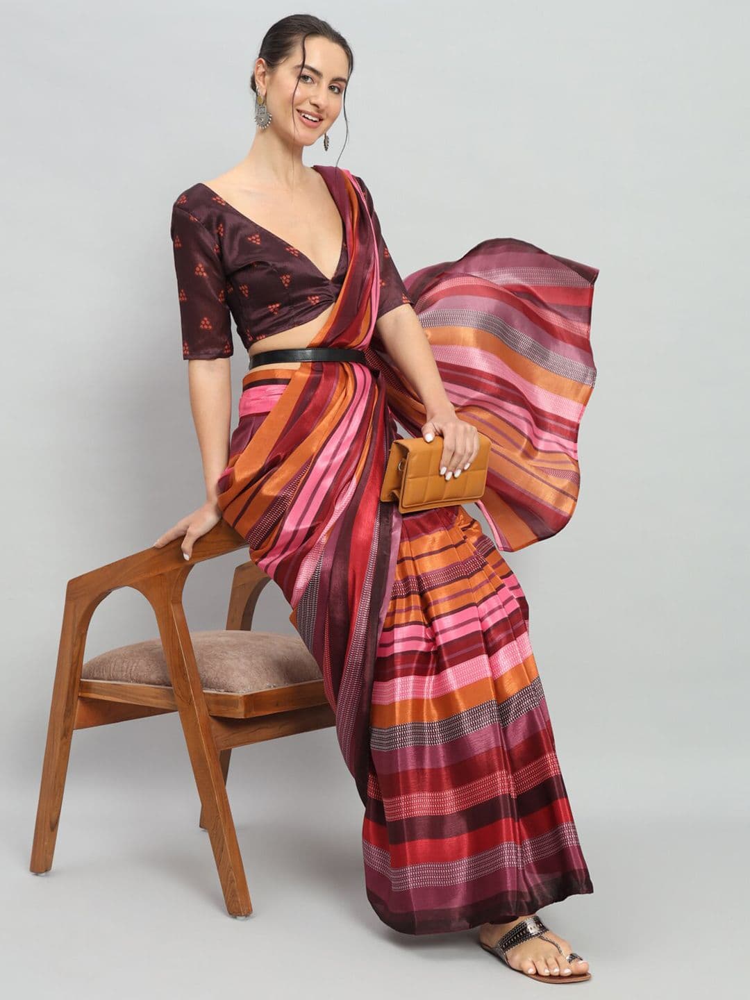 RACHNA Women Striped Satin Ready to Wear Saree - view 1