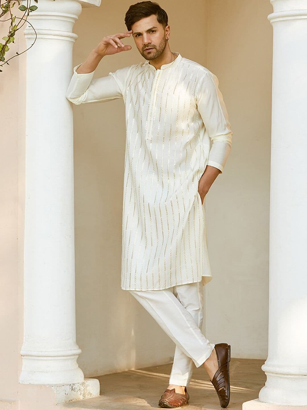 See Designs Striped Embroidered Sequined Straight Kurta - view 1
