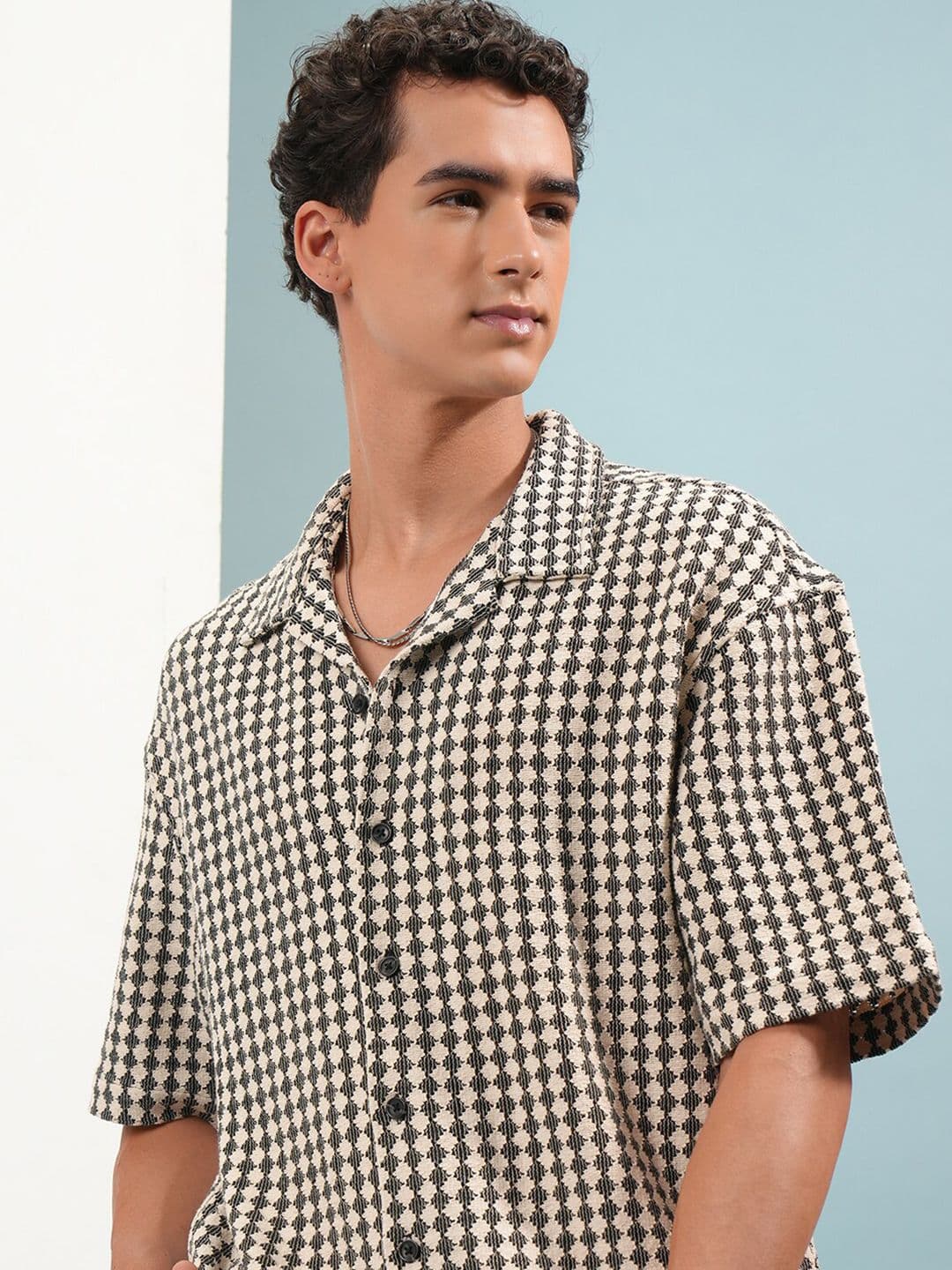 HIGHLANDER Cuban Collar Crochet Drop Shoulder Oversized Shirt - view 1