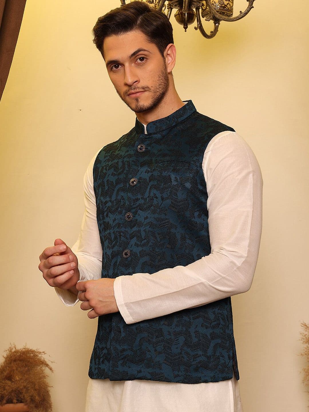 House of Pataudi Jacquard Woven Design Nehru Jacket - view 1