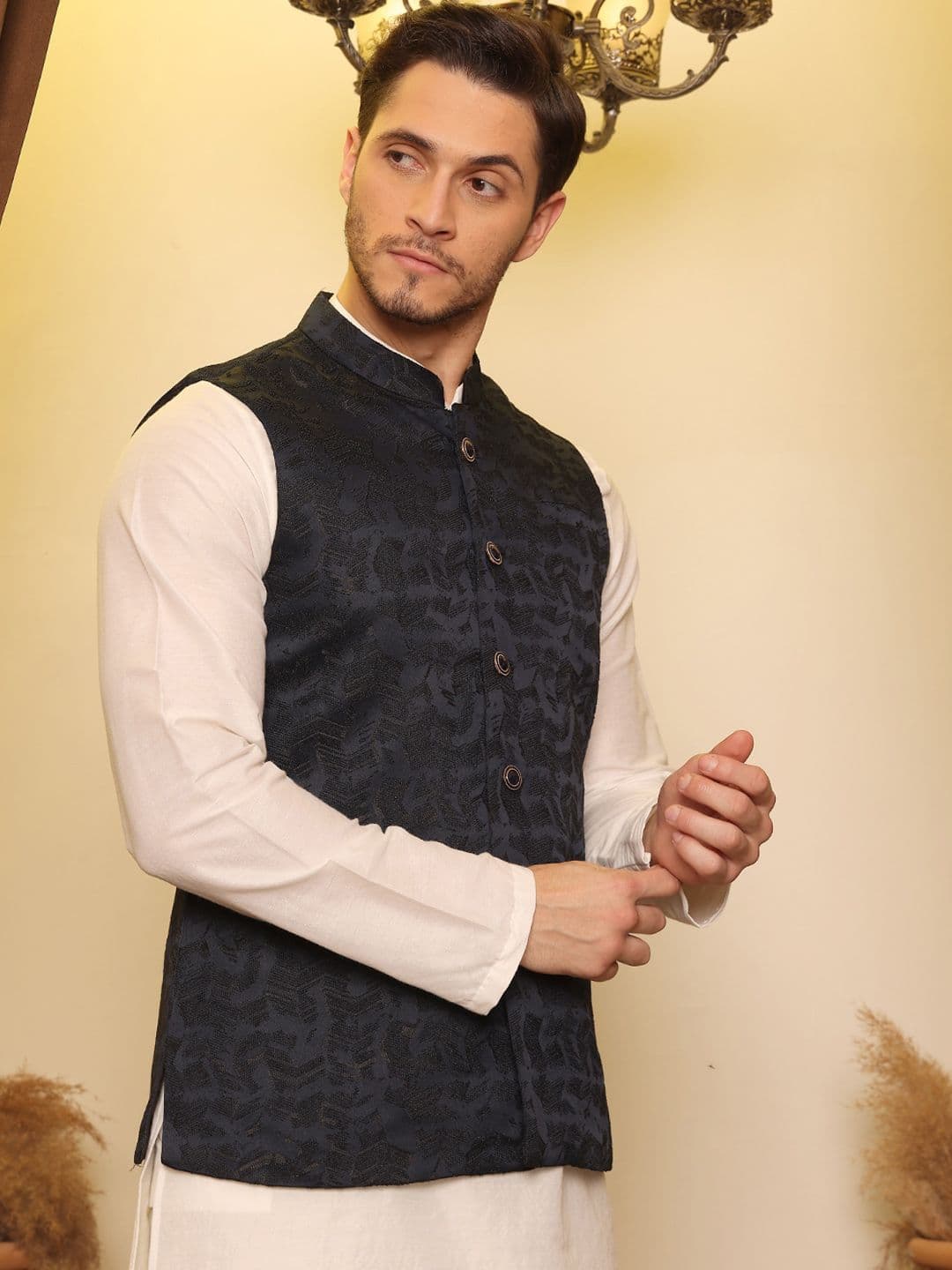 House of Pataudi Jacquard Woven Design Nehru Jacket - view 1