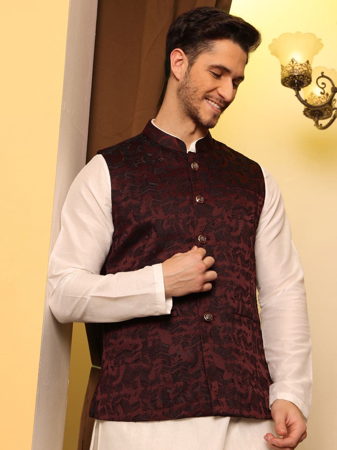 House of Pataudi Jacquard Woven Design Nehru Jacket - view 1