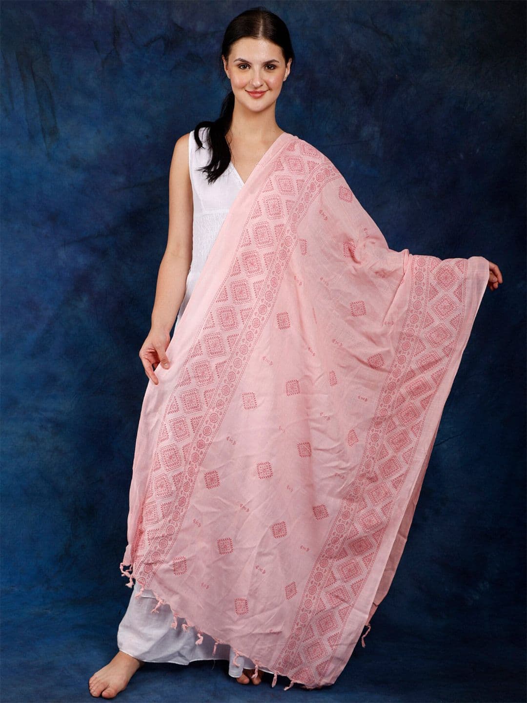 Exotic India Rose Shadow Pure Cotton Printed Motifs Dupatta - view 1