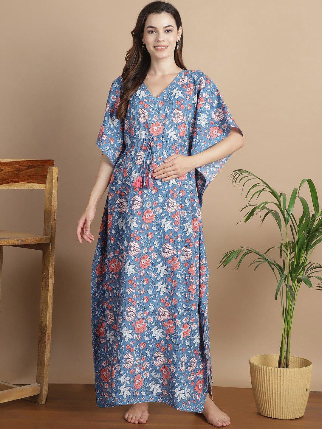Secret Wish Floral Printed V-Neck Pure Cotton Maternity Kaftan Nightdress - view 1