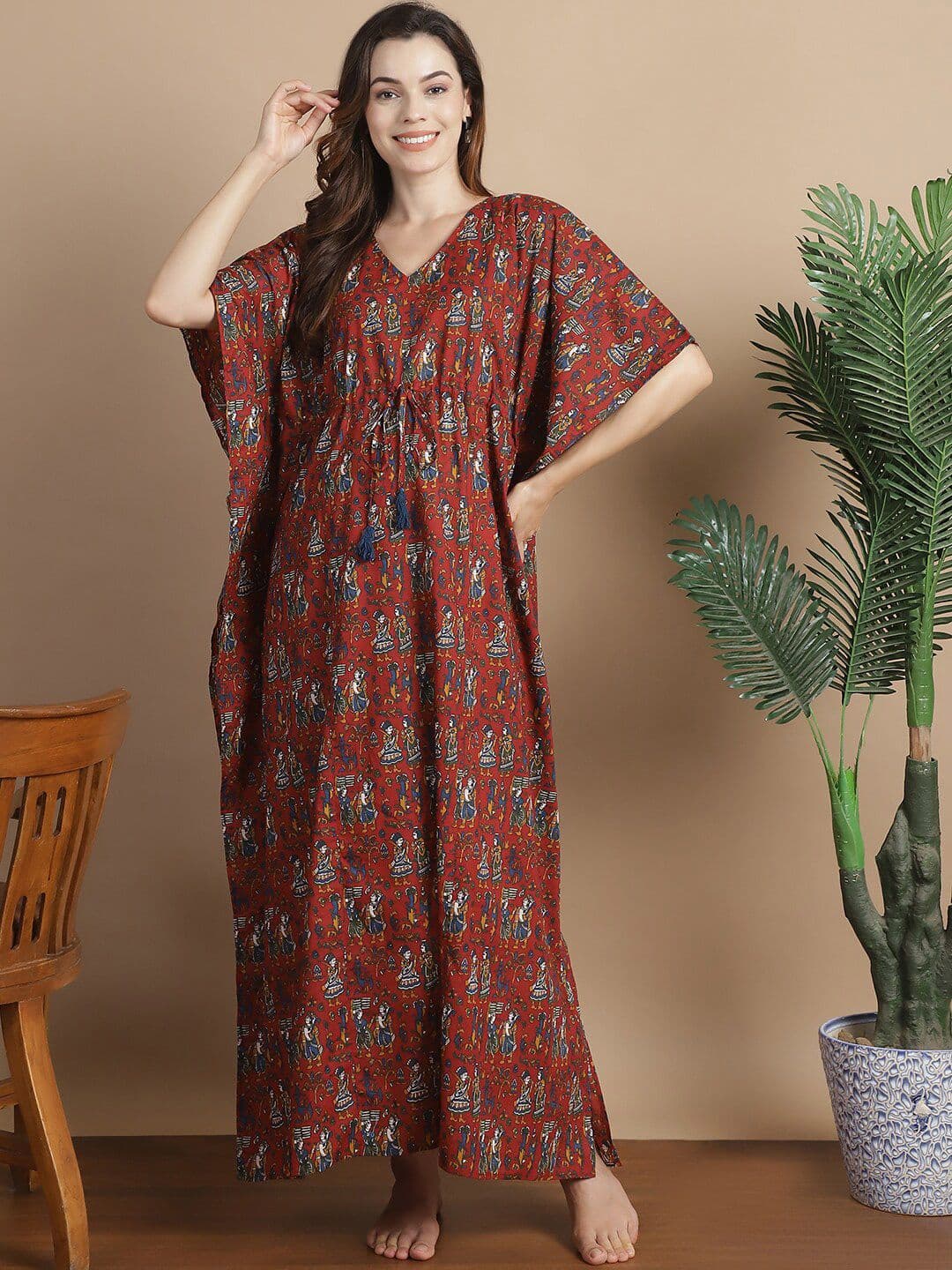 Secret Wish Ethnic Printed V-Neck Cotton Maternity Kaftan Dress - view 1