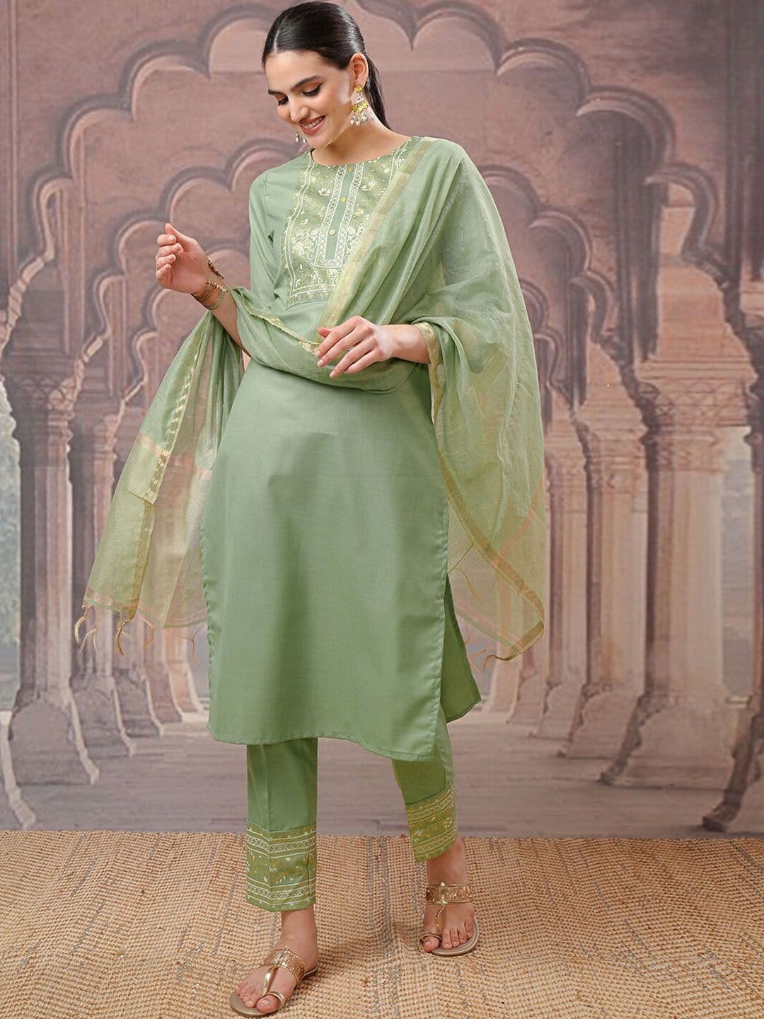 Vishudh Ethnic Motifs Yoke Design Regular Kurta with Trouser & Dupatta - view 1