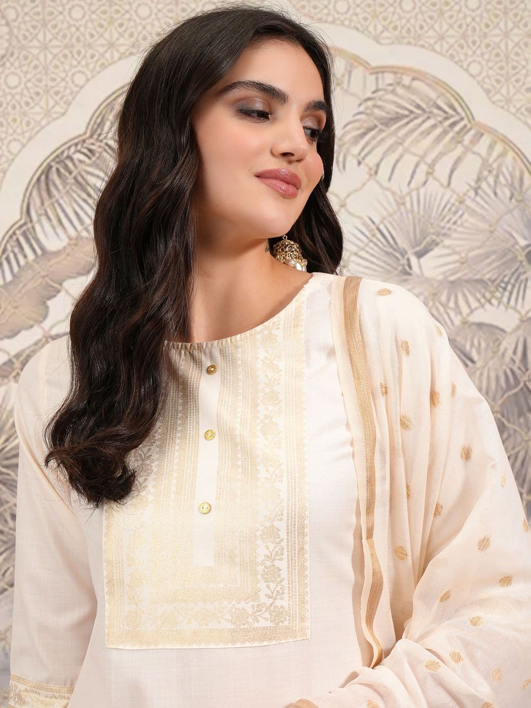 Vishudh Cream Ethnic Motifs Printed Kurta with Palazzo & Dupatta - view 1