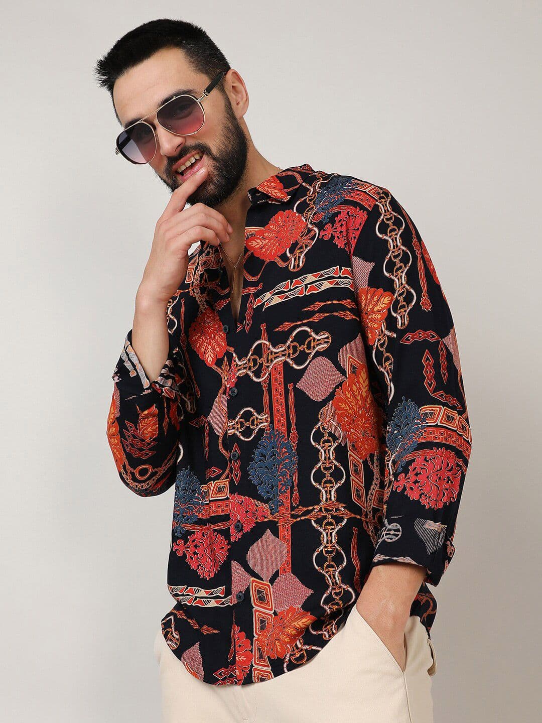 CAHOOT Men's Black Classic Ethnic Motifs Printed Spread Collar Casual Shirt - view 1