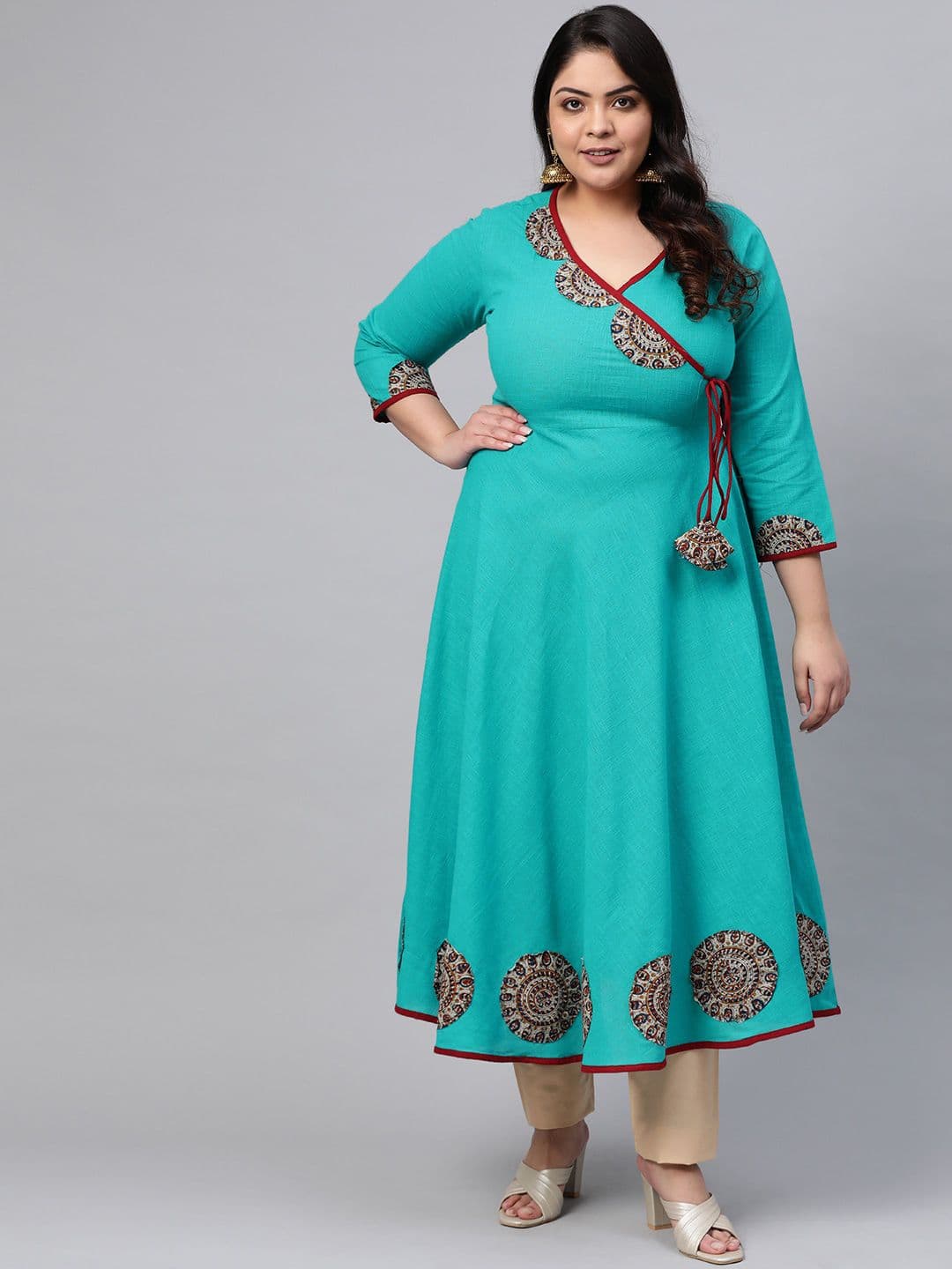 KALINI Plus Size Ethnic Motifs Woven Design V-Neck Flared Sleeves Angrakha Kurta - view 1