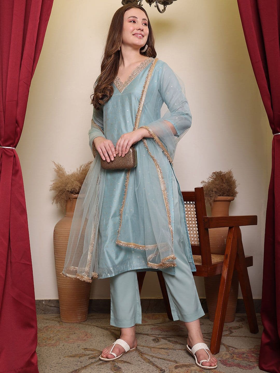 House of Pataudi Woven Design Round Neck Three-Quarter Sleeves Chanderi Cotton Kurta Set - view 1