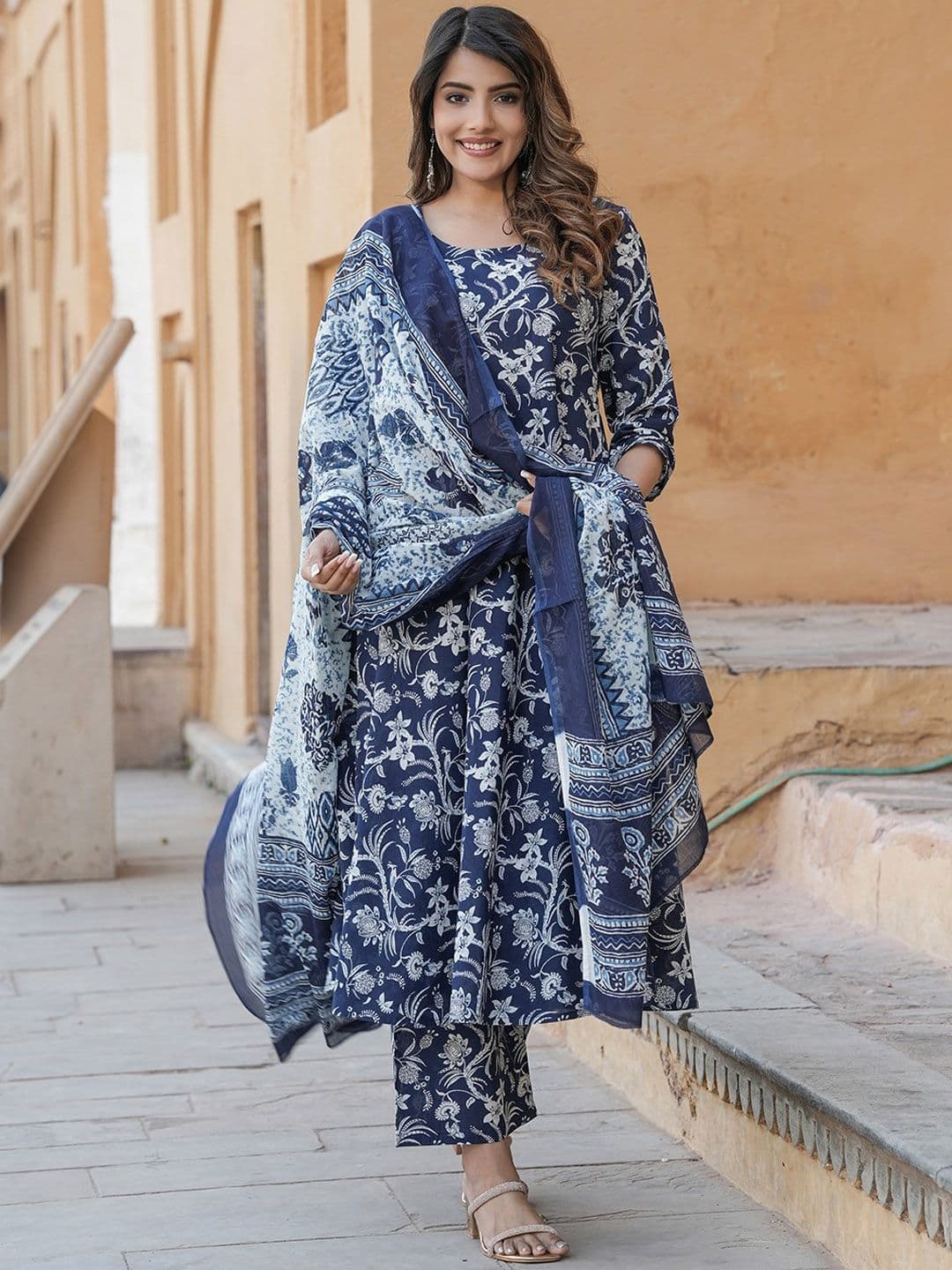 KALINI Women Floral Printed Regular Pure Cotton Kurta with Trousers & With Dupatta - view 1
