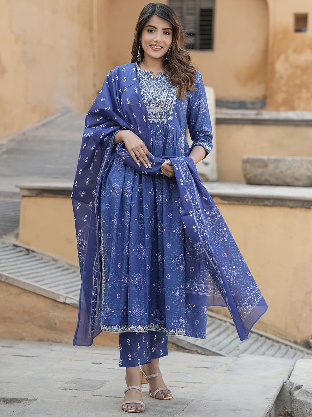 KALINI Notch Neck Bandhani Embroidered Regular Thread Work Pure Cotton Kurta Set - view 1