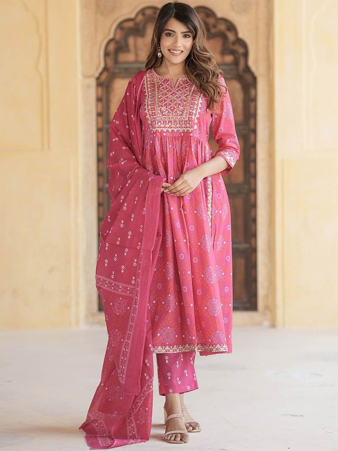 KALINI Bandhani Embroidered Regular Thread Work Pure Cotton Kurta with Trousers & Dupatta - view 1