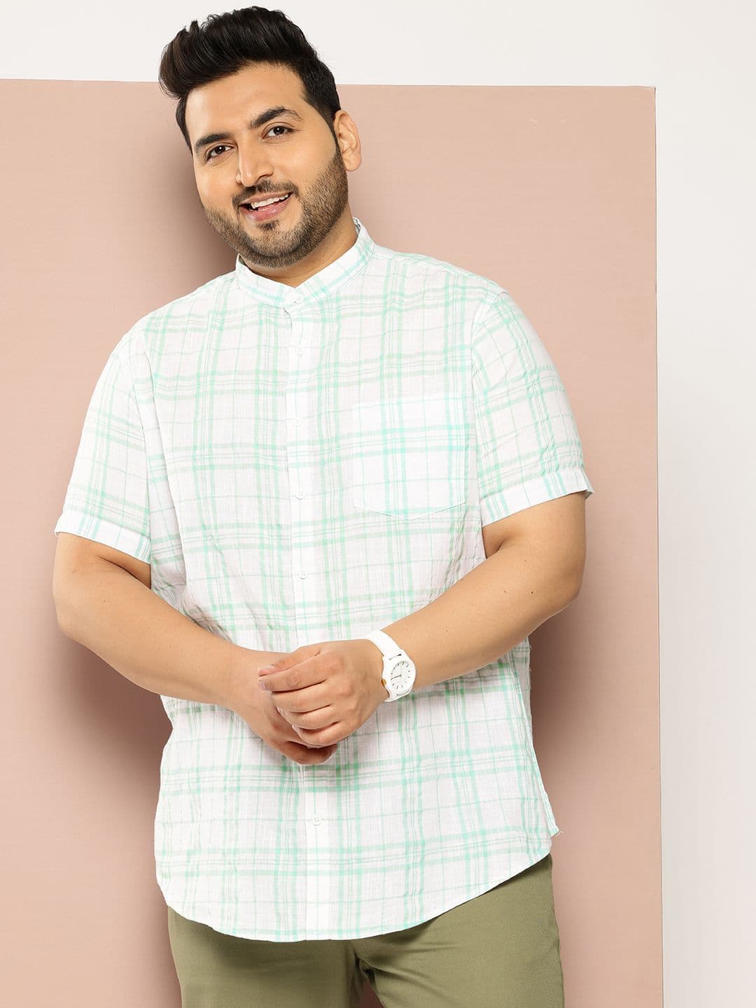 Sztori Men Plus Size Checked Mandarin Collar Casual Shirt - view 1