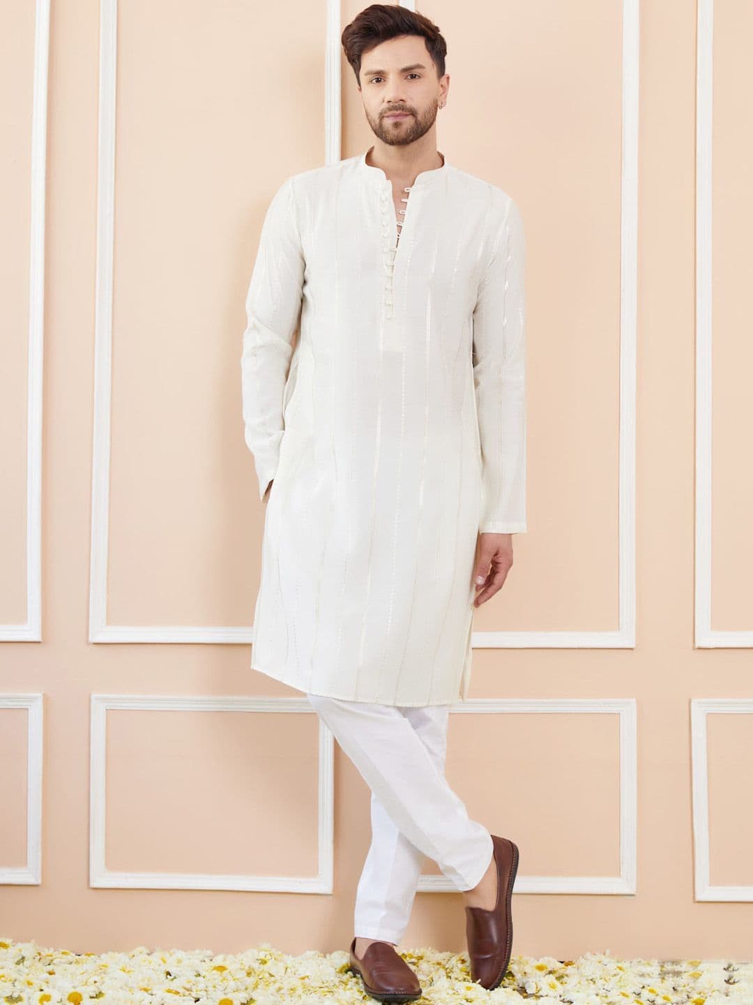 See Designs Mandarin Collar Long Sleeves Chanderi Silk Kurta - view 1