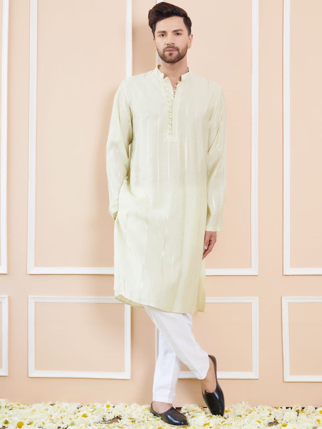 See Designs Mandarin Collar Long Sleeves Chanderi Silk Kurta - view 1