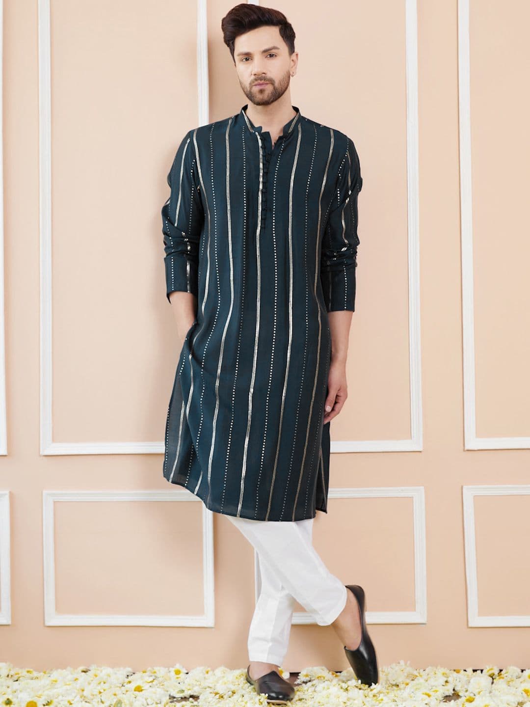 See Designs Striped Mandarin Collar Sequins Chanderi Silk A-Line Kurta - view 1