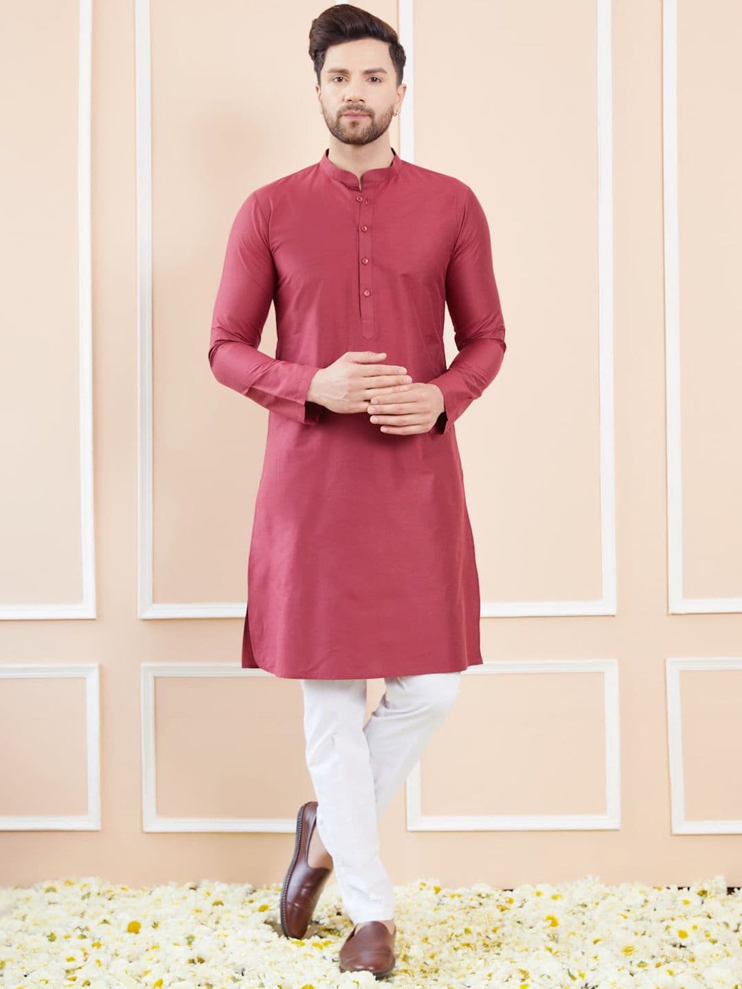 See Designs Mandarin Collar Long Sleeves Thread Work Cotton Kurta - view 1