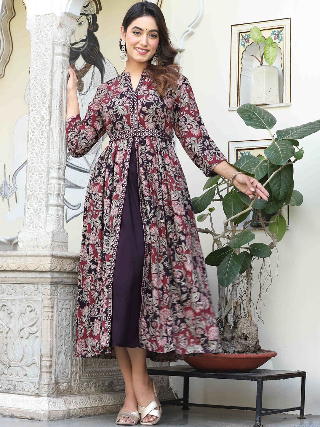 DARVIKAA COLLECTION Floral Printed V Neck Thread Work Anarkali Kurta - view 1