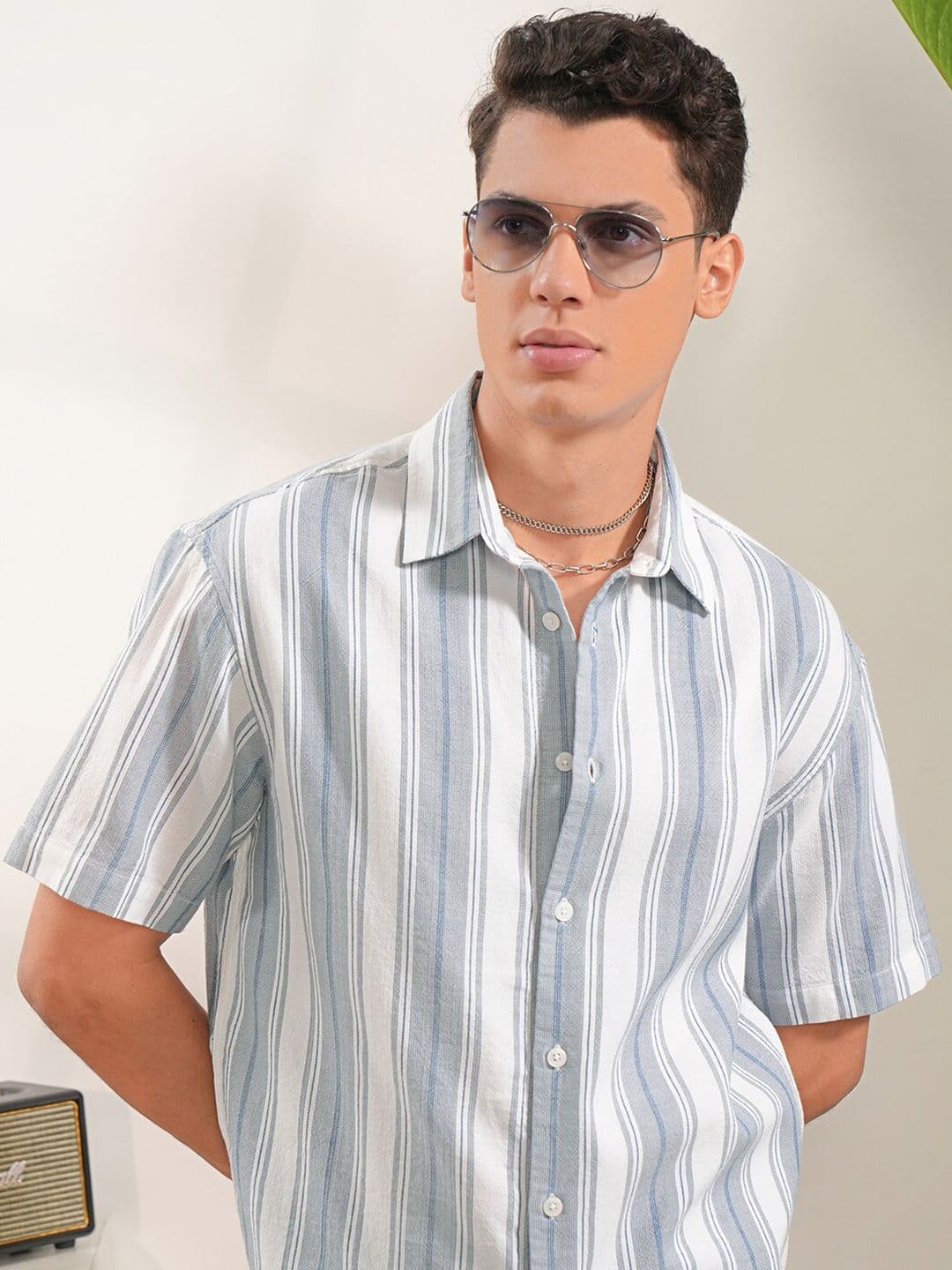 LOCOMOTIVE Premium Dobby Textured Striped Cotton Oversized Shirt - view 1