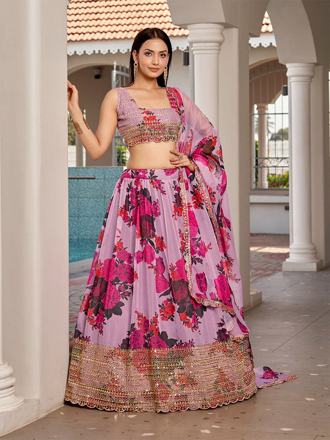 SHOPGARB Embroidered Sequinned Semi-Stitched Lehenga & Unstitched Blouse With Dupatta - view 1
