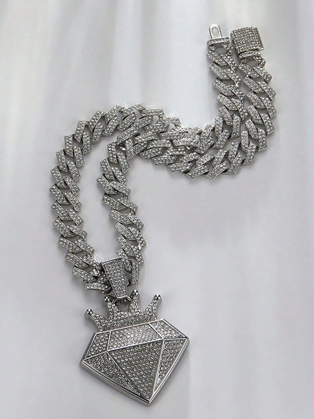 Krelin Men Silver-Plated Rhinestone Studded Hip Hop Style Crown Pendant with Chains - view 1