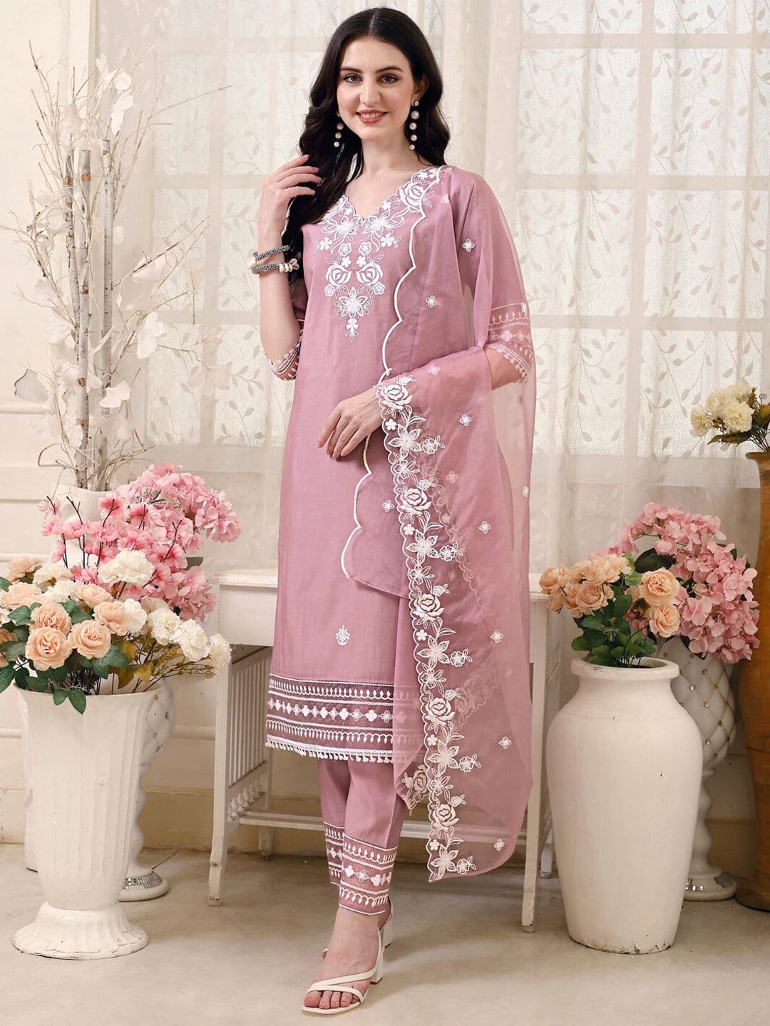 KALINI Floral Embroidered Thread Work Chanderi Cotton Kurta with Trousers & With Dupatta - view 1