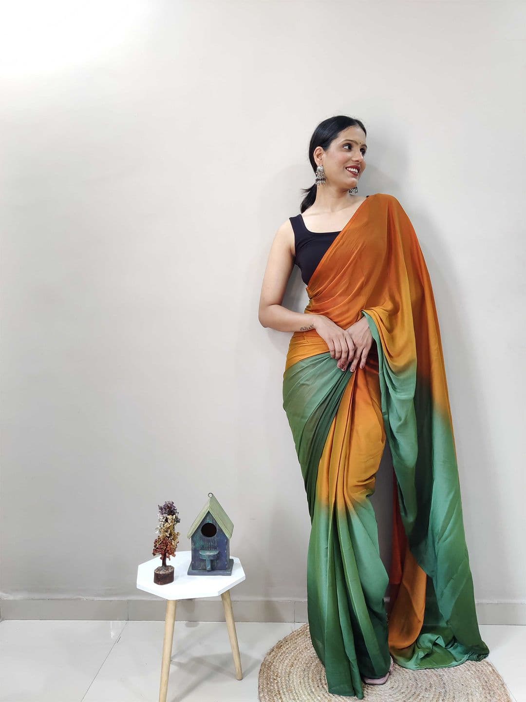 Mitera Green & Orange-Coloured Ombre Printed Ready To Wear Saree - view 1