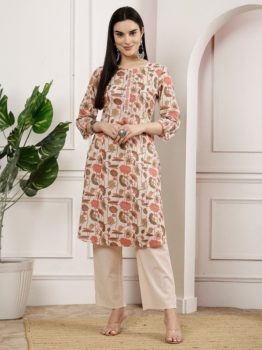 Nayam By Lakshita Women Floral Printed Mirror Work Straight Kurta with Palazzo Set - view 1