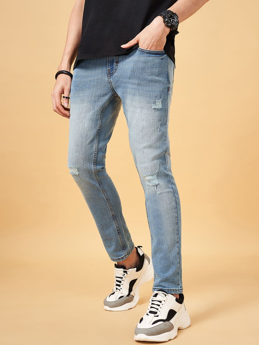 SF JEANS by Pantaloons Men Slim Fit Mildly Distressed Heavy Fade Jeans - view 1