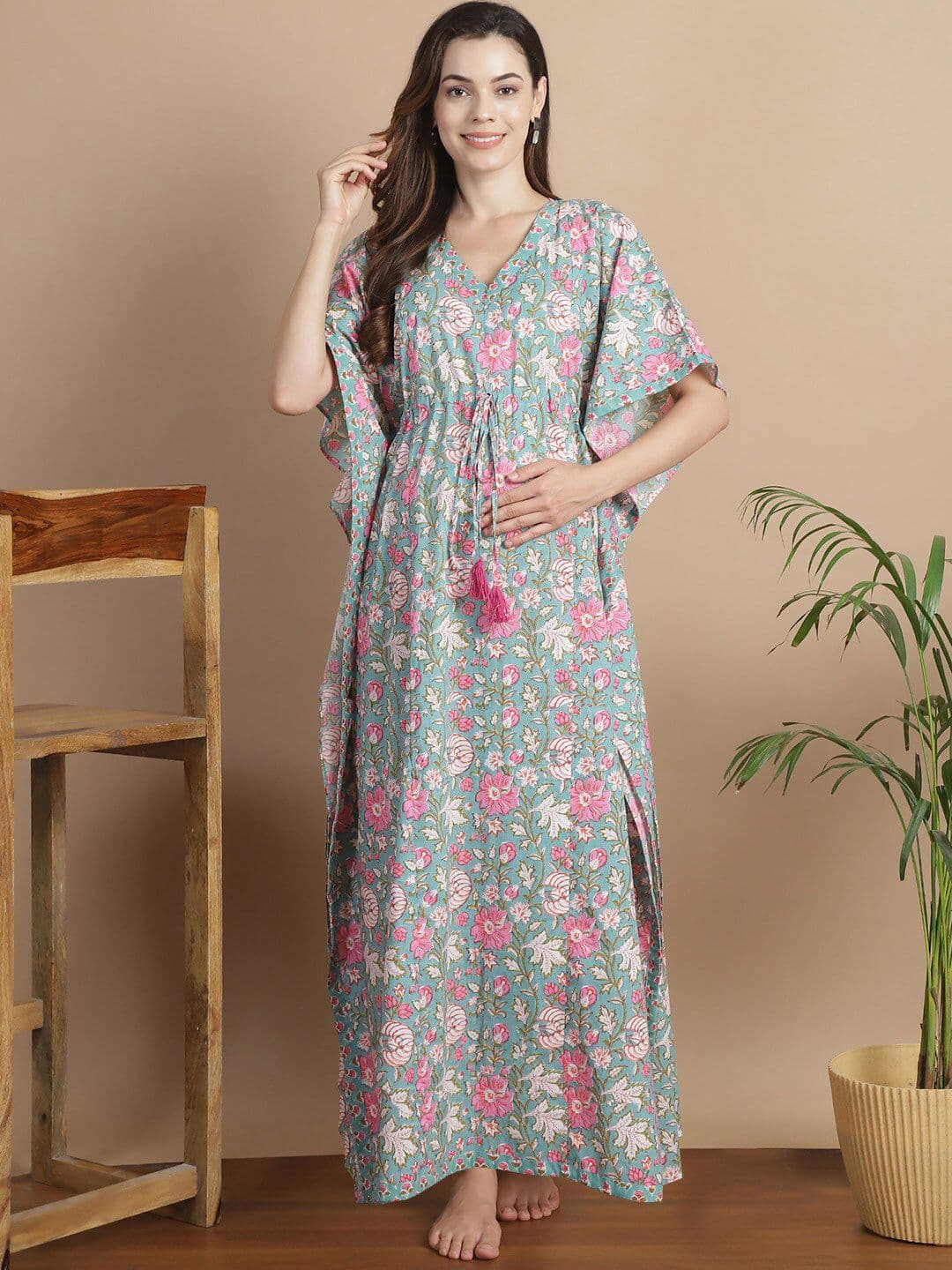 Secret Wish Floral Printed V-Neck Pure Cotton Maxi Maternity Kaftan Nightdress - view 1