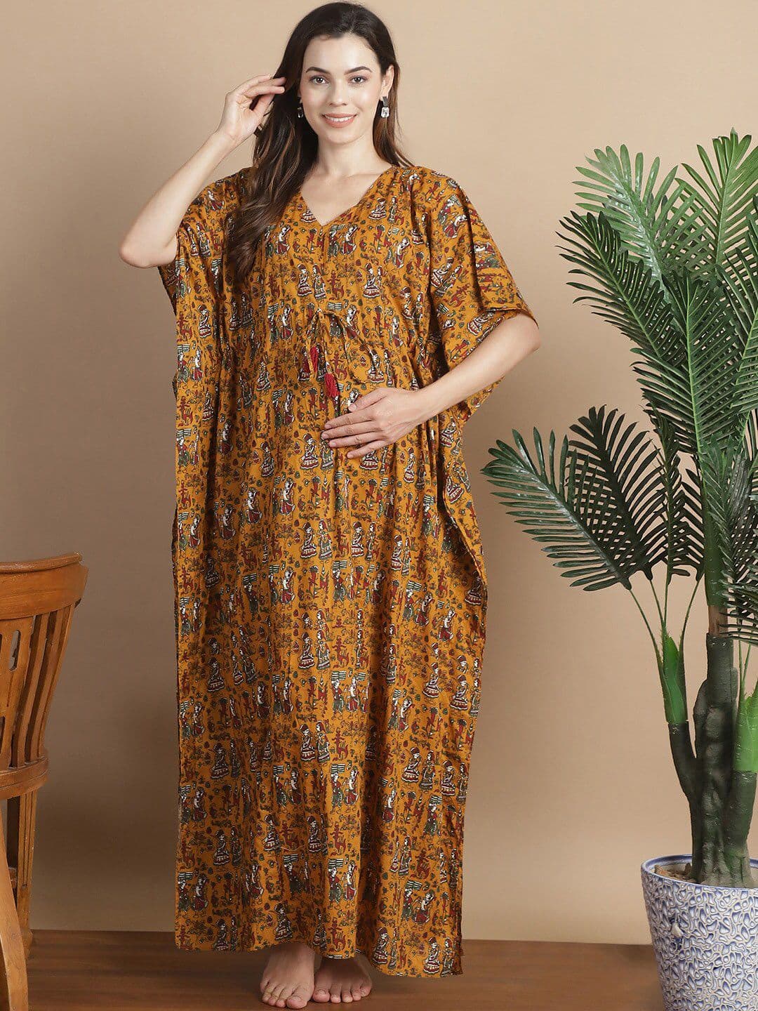 Secret Wish Floral Printed V-Neck Pure Cotton Maxi Maternity Kaftan Nightdress - view 1