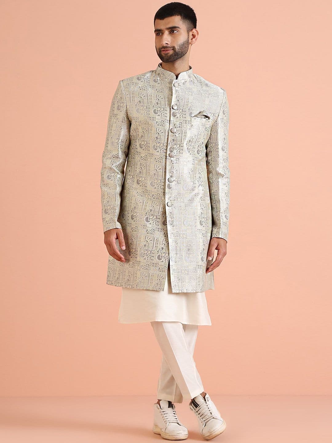 KISAH Men Ethnic Motifs Jacquard Silk Georgette Indowestern Sherwani With Kurta & Trousers - view 1