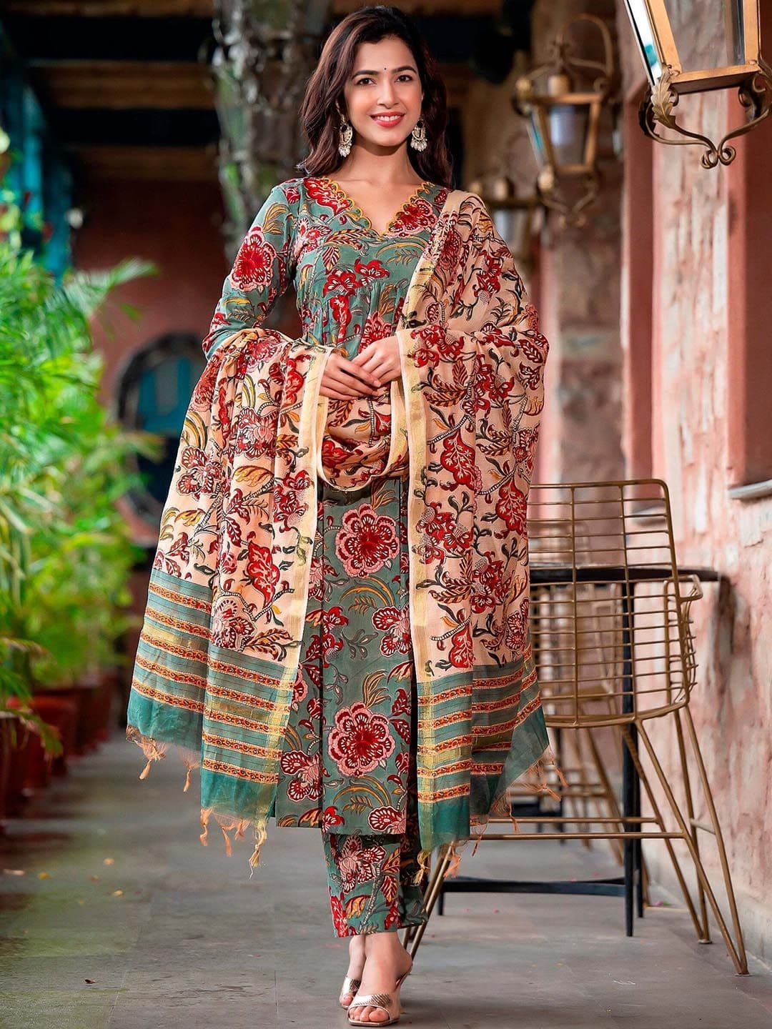 KALINI Floral Printed Empire Kurta with Trousers & Dupatta - view 1